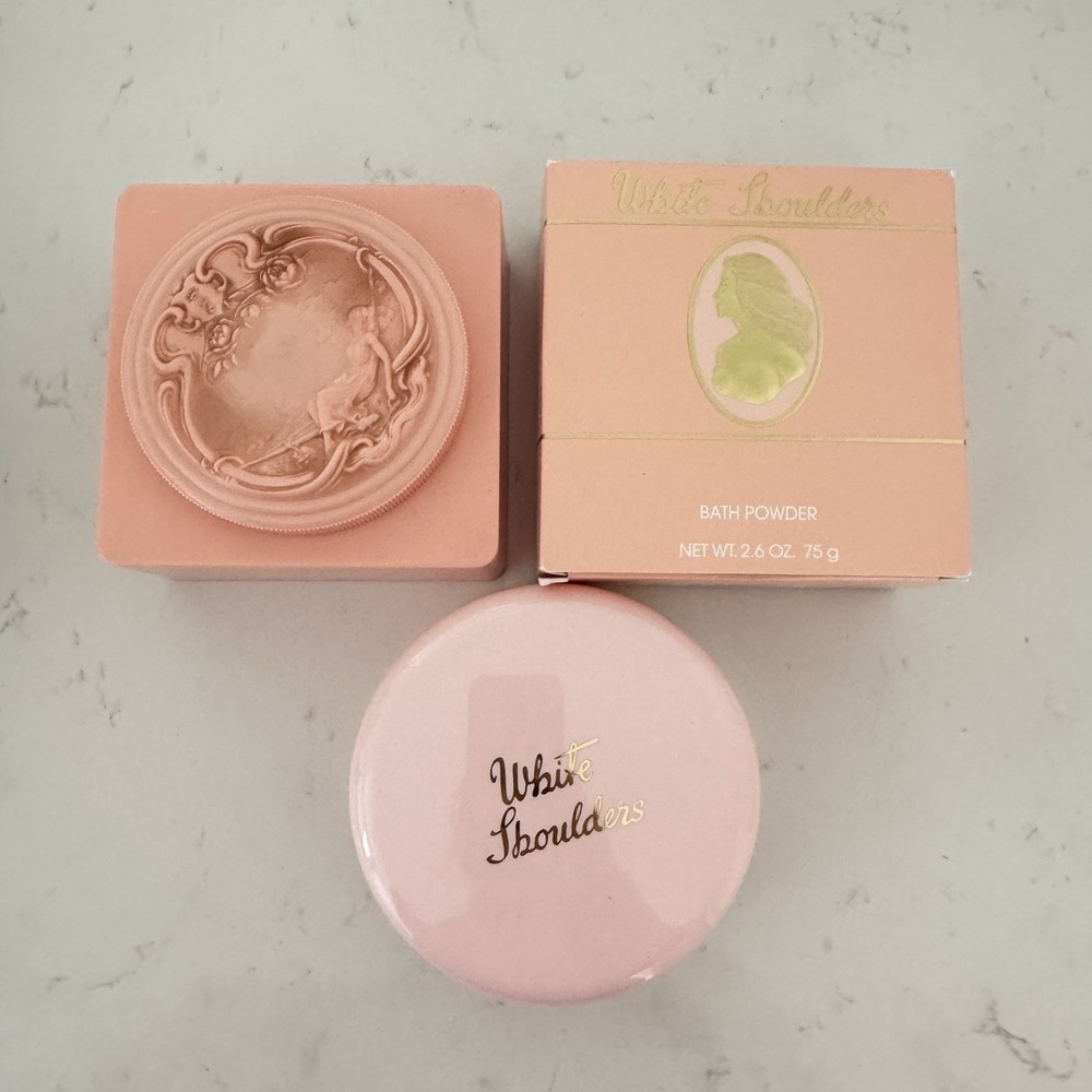 Lot Vintage Mcm White Shoulders Empty Pink Powder Box & New PUFF & POWDER Set